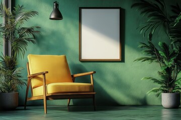 Obraz premium Yellow armchair with framed print and plants in green room