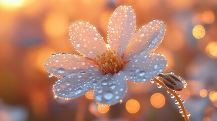 Fototapeta premium Sparkling dew droplets cling to a delicate white flower, its stem bending under their weight in the warm golden light of sunset.