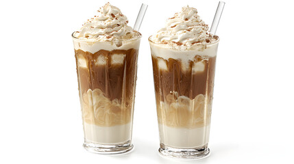 Iced Coffee with Creamy Milk and Whipped Topping in Clear Glasses for Refreshing Beverage Experience