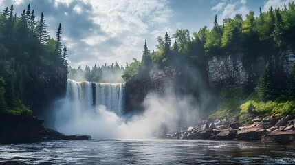 A dramatic waterfall crashing down a rocky cliff, mist rising into the sky
