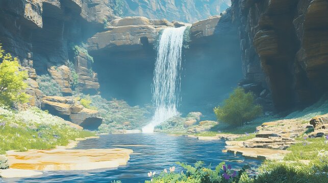 A gentle waterfall trickling down smooth stone formations in a tranquil valley