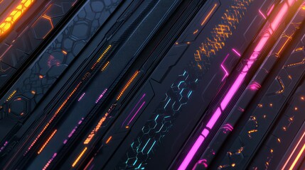 Obraz premium Abstract futuristic design with neon lights and geometric patterns.