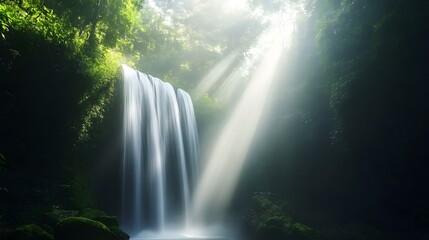 A misty waterfall in a deep jungle, sunlight filtering through ancient trees