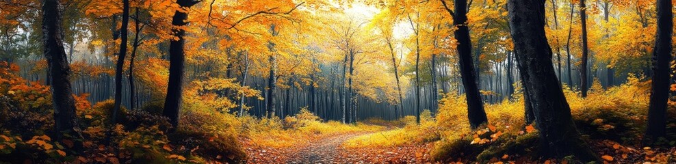 Fototapeta premium Vibrant Autumn Forest Pathway Surrounded by Golden Foliage and Tranquil Atmosphere