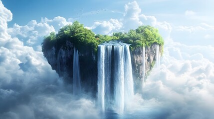 A celestial waterfall flowing from floating islands in the sky, shimmering mist around it