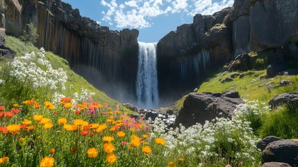 A waterfall surrounded by massive rock formations, wildflowers blooming nearby