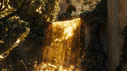 A waterfall made of liquid gold, cascading down ancient ruins covered in vines
