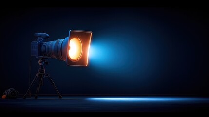 Studio light equipment, camera on a stand in a dim studio, dramatic light focus and dark backdrop