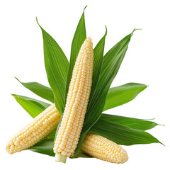 Three yellow corn cobs are resting on top of green leaves. The corn is ripe and ready to be harvested, and the leaves provide a natural and fresh backdrop for the cobs. The scene is simple