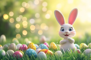 Cute Easter Bunny with Colorful Eggs