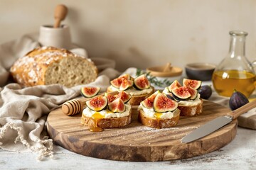 Fig and cream cheese bruschetta with honey served on a wooden board, rustic style on a warm beige background. Creative food presentation concept. Ai generative