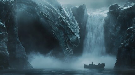 A secret dragon is lair hidden behind a massive waterfall, mist covering the entrance