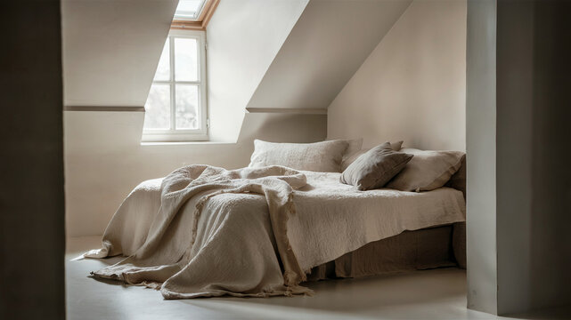 Cozy bedroom with textured beige bedding and natural light streaming through a dormer window