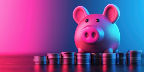 A vibrant piggy bank surrounded by coins, symbolizing savings and financial growth in a colorful, modern setting.