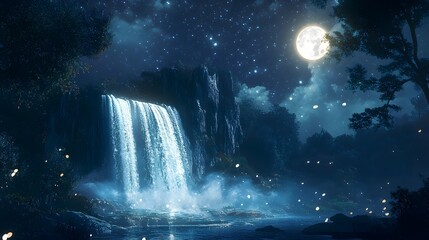 A glowing waterfall under a full moon, with magical energy swirling in the air