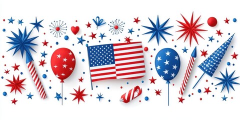 Obraz premium Festive Patriotic Decorations: A vibrant display of national pride with stars, flag, and celebratory elements.
