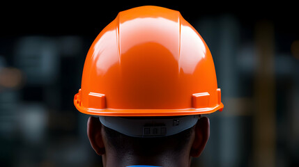 Rear View of a Construction Worker Wearing an Orange Hard Hat