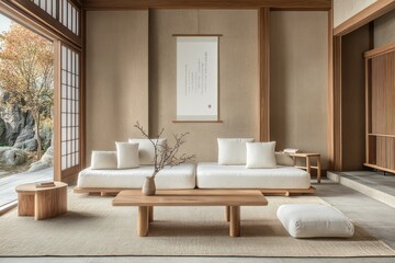 Japandi style living room featuring natural light and neutral colors