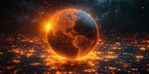 Digital Earth Globe with Glowing Lights Connected to Global Network in Cyberpunk Style