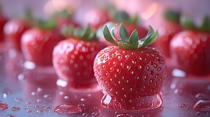 Strawberries float with water droplets, a refreshing scene.