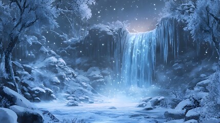 A frozen waterfall in a mystical ice kingdom, sparkling under the northern lights