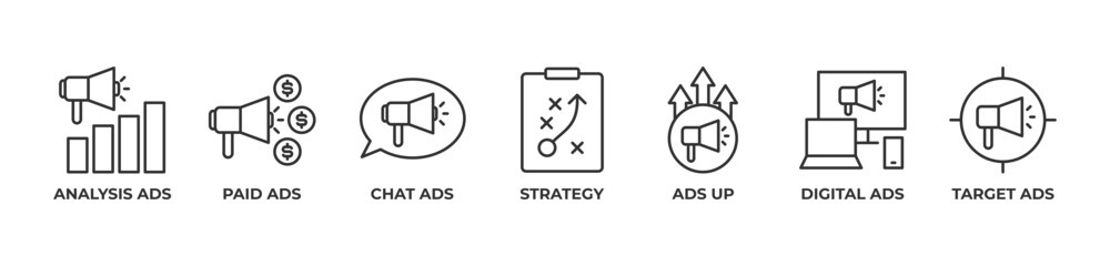 Strategic Digital Advertising Icons set vector illustration with Analysis ads, Paid ads, Chat ads, Strategy, Ads up, Digital ads, Target ads