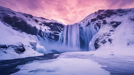 A frozen waterfall in a mystical ice kingdom, sparkling under the northern lights