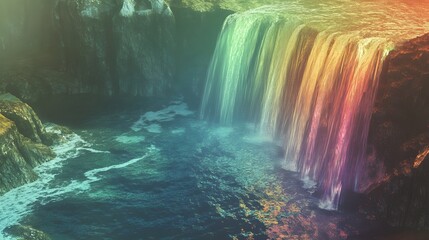 A waterfall with rainbow-colored water, cascading into a crystal-clear lake