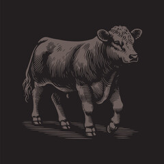 Obraz premium Angus Cattle Vector Illustration – Vintage Retro Logo Design on Black Background
