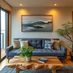 Stylish living room features a sofa with ocean artwork