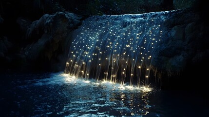 A waterfall where the water appears to be made of stars, glowing softly in the night