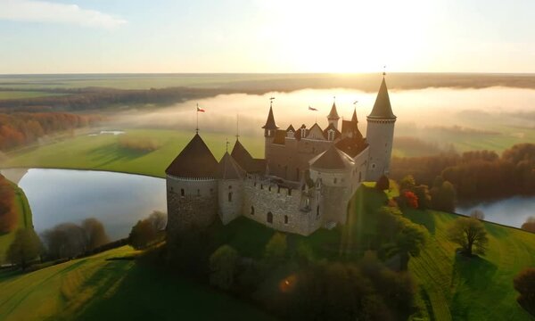 Aerial view of Svirzh castle near Lviv, Ukraine in morning fog at dawn. Lake and surrounding landscape at sunrise.