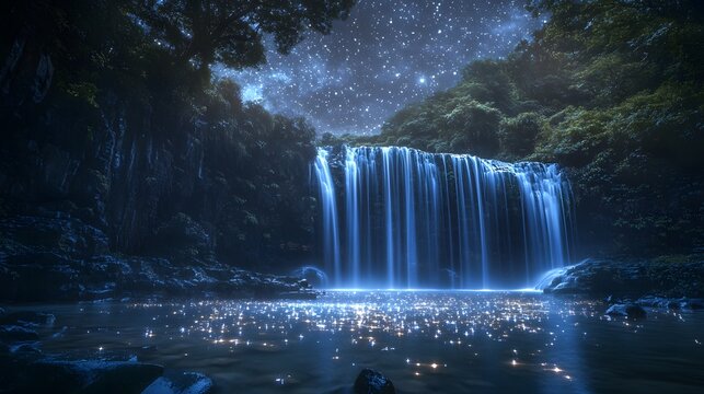 A waterfall where the water appears to be made of stars, glowing softly in the night - Powered by Adobe
