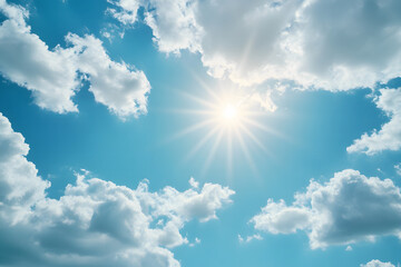 Bright Blue Sky with Sun & White Clouds – Sunny Day Background"