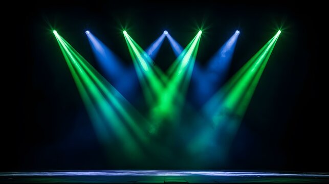 The image shows five stage lights illuminating a dark stage with green and blue beams of light creating a dramatic effect.