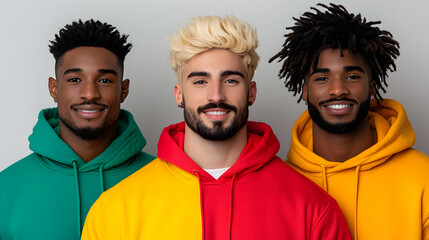 Three Smiling Men in Colorful Hoodies