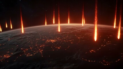 A fiery digital depiction of numerous meteors streaking toward Earth, impacting a planet with a network of glowing connections across its surface.