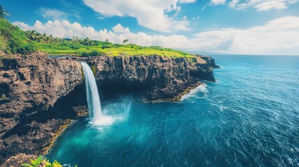 A majestic waterfall plunging into a natural infinity pool overlooking the ocean