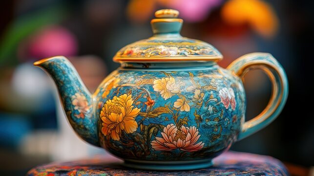 A turquoise teapot with floral details sits in a soft, colorful setting.