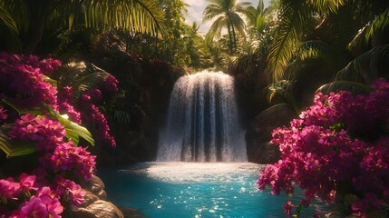 A turquoise waterfall surrounded by palm trees and vibrant orchids