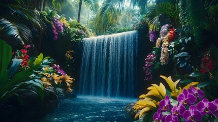A turquoise waterfall surrounded by palm trees and vibrant orchids