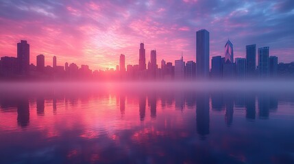 Obraz premium The Chicago skyline reflects on Lake Michigan's calm waters at sunrise, a beautiful, serene scene with pastel colors.