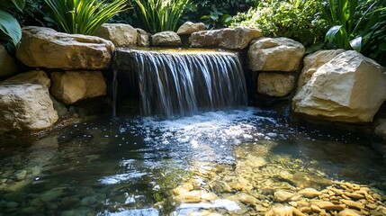 A small but picturesque waterfall in a jungle oasis, clear water reflecting the sun