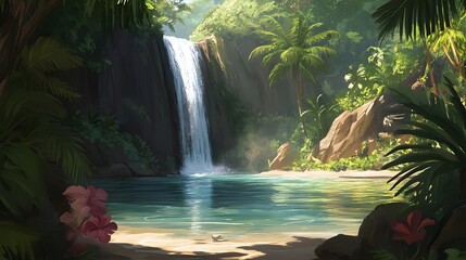 A small but picturesque waterfall in a jungle oasis, clear water reflecting the sun
