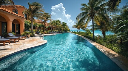 Obraz premium The inviting turquoise resort pool glistens under sunlight, with palm trees as a tropical backdrop, a perfect summer getaway scene.