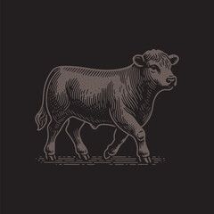 Fototapeta premium Angus Cattle Vector Illustration – Vintage Retro Logo Design on Black Background