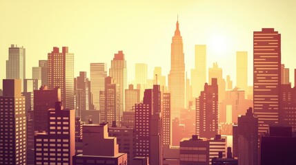Obraz premium Cityscape digital art, urban skyline, sunrise, aerial view. Stock photo for design use