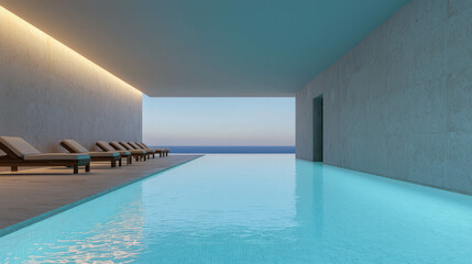 Tranquil Luxury Poolside View with Modern Architecture and Serene Ocean Horizon