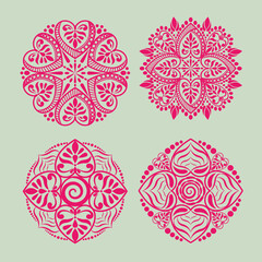 Set of dark pink snowflakes on a cream background. Decorated with heart-shaped flower petals.