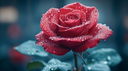 Exquisite Close-Up of a Scarlet Rose Adorned with Sparkling Water Droplets, Displaying Nature's Delicate Beauty and Floral Perfection.